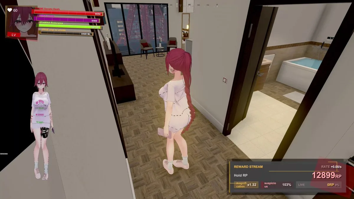 Too Shy to Be an Adult Star人物状态路线截图，展示住处场景和角色状态栏